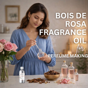 Woman in a blue dress holding a small bottle with text about Bois de Rosa fragrance oil for perfume making.