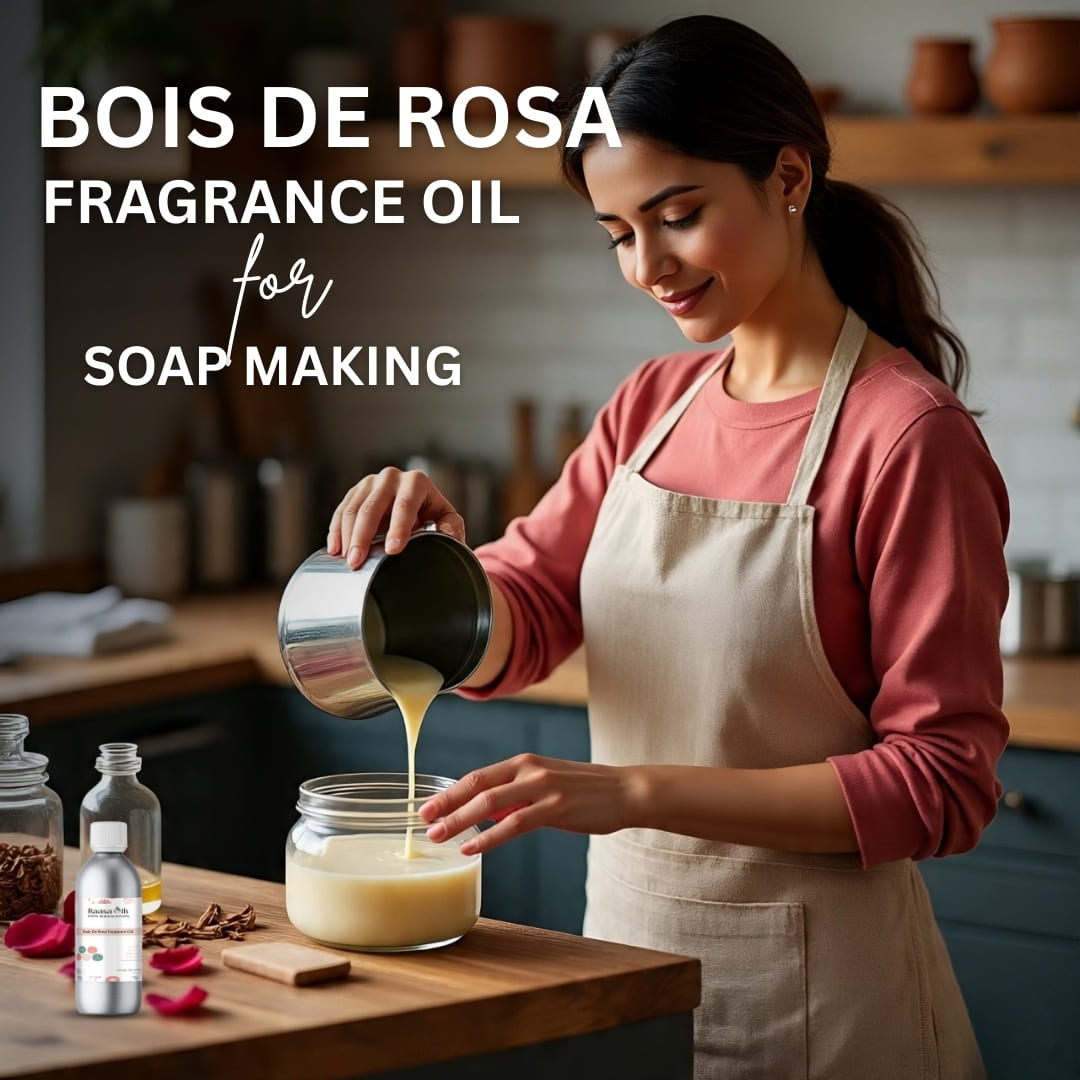 Woman pouring liquid into a jar with Bois de Rosa fragrance oil for soap making.