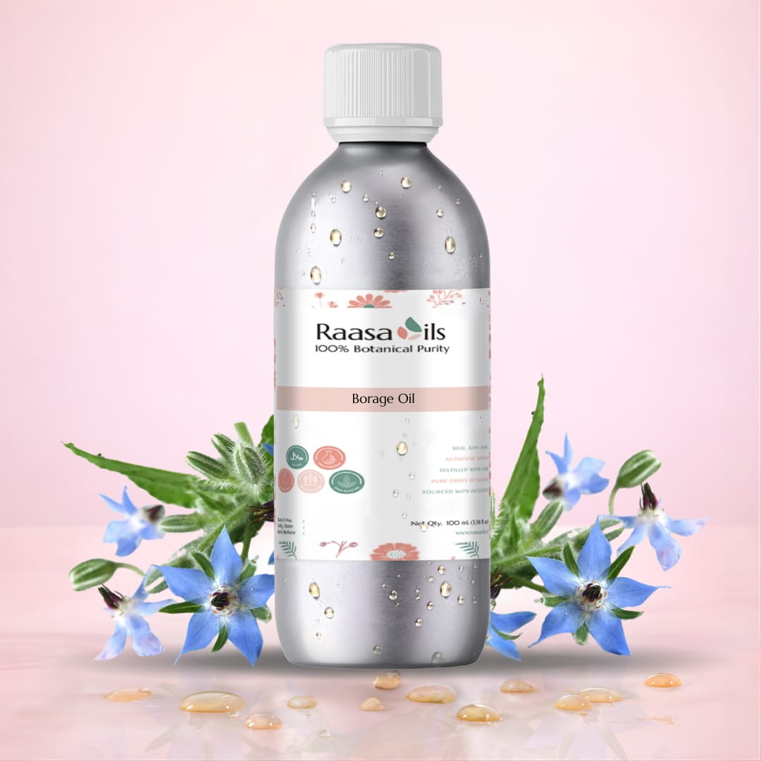Bottle of Raasa Oils Borage Oil with borage flowers on a pink background