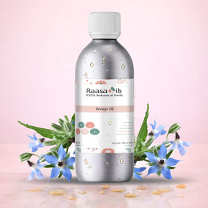 Bottle of Raasa Oils Borage Oil with borage flowers on a pink background