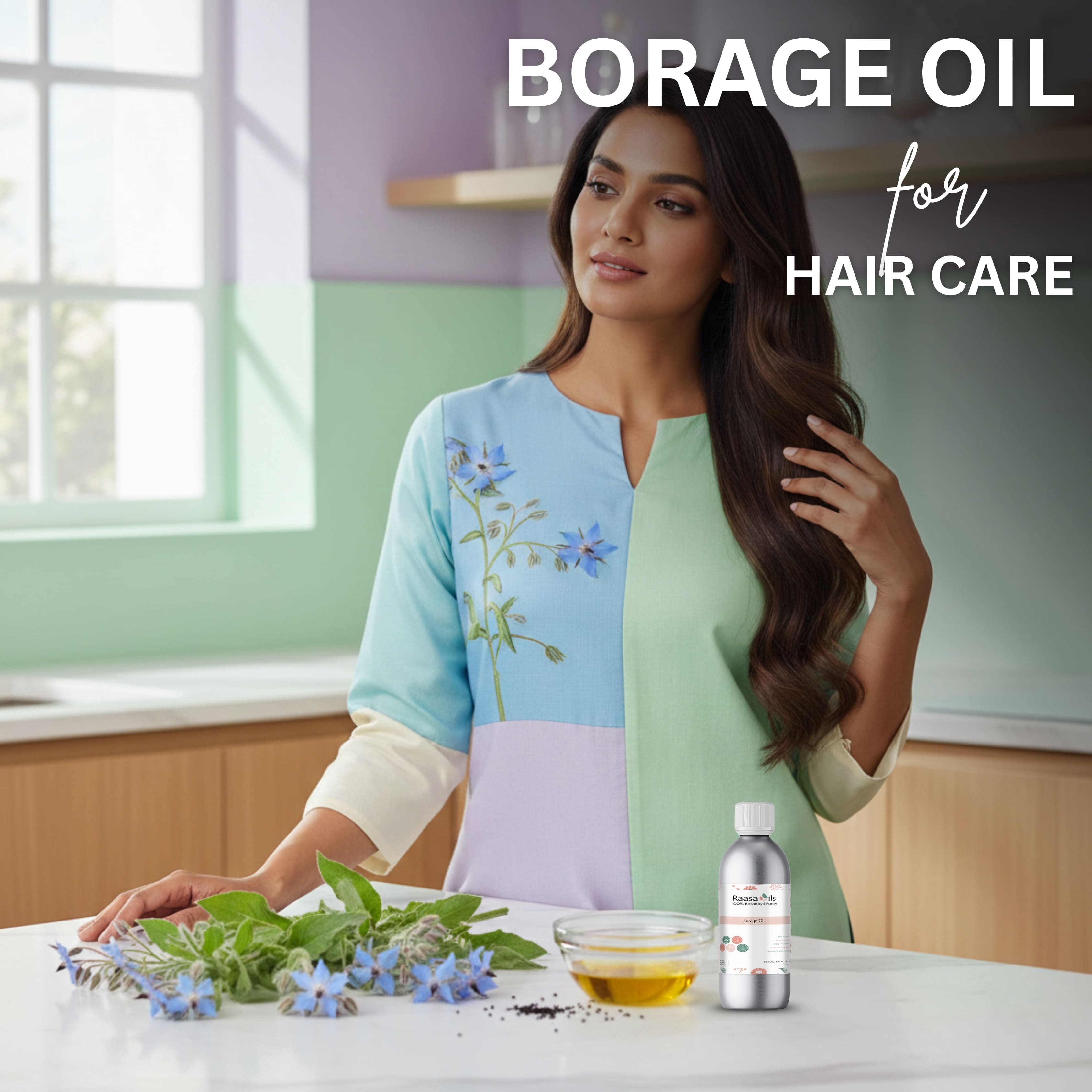 Woman with long hair in a kitchen setting with borage oil and plants, promoting borage oil for hair care.