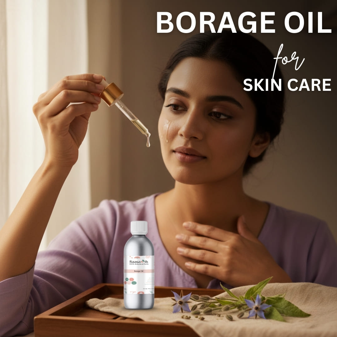 Woman using borage oil for skincare with a dropper and bottle on a wooden tray.