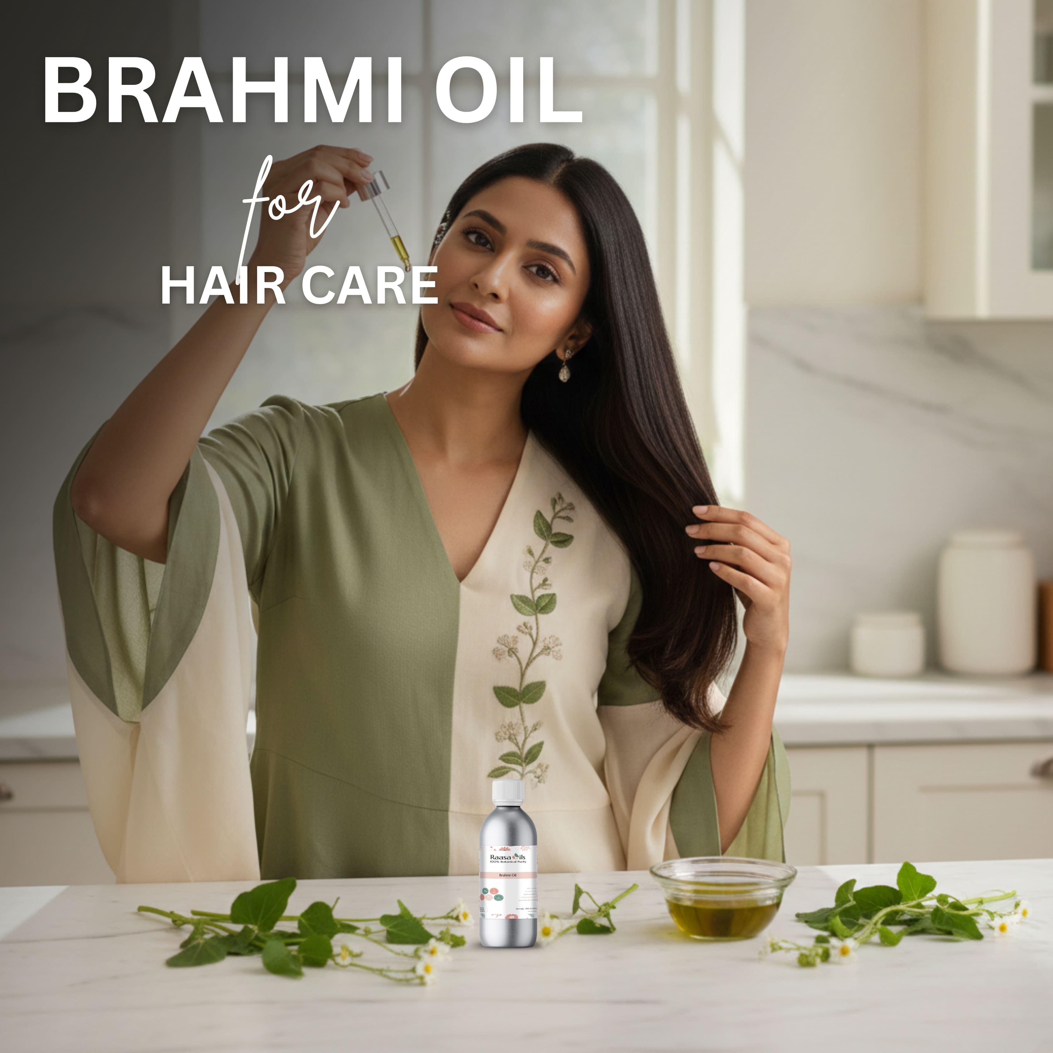 Woman with long hair holding a dropper of Brahmi oil with text 'Brahmi Oil for Hair Care' in a kitchen setting.