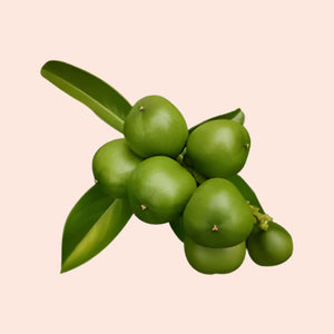 Green fruits with leaves on a beige background