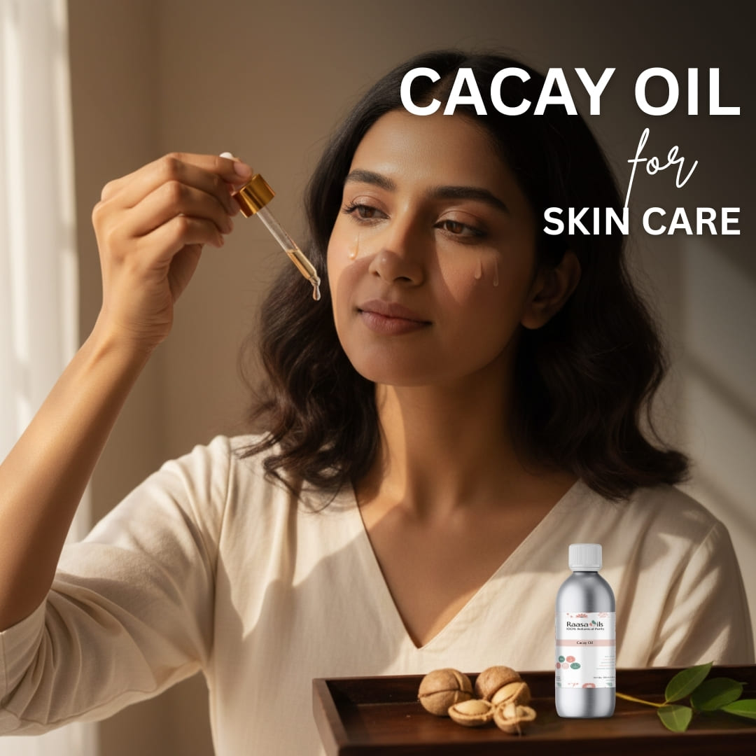 Woman applying Cacay oil for skin care with a dropper, surrounded by nuts and a bottle of Cacay oil.