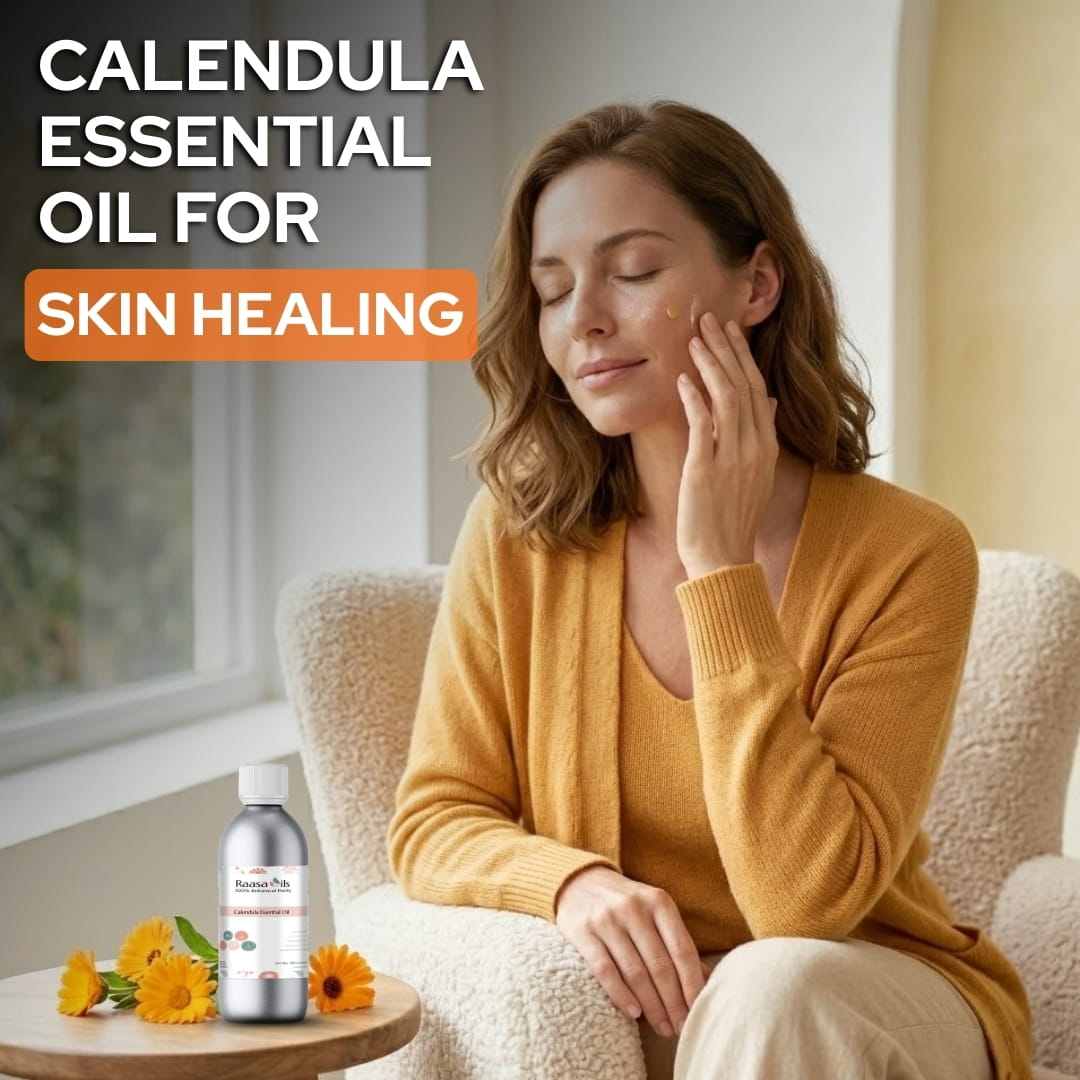 Woman applying calendula essential oil to her face with a bottle of the product on a table.