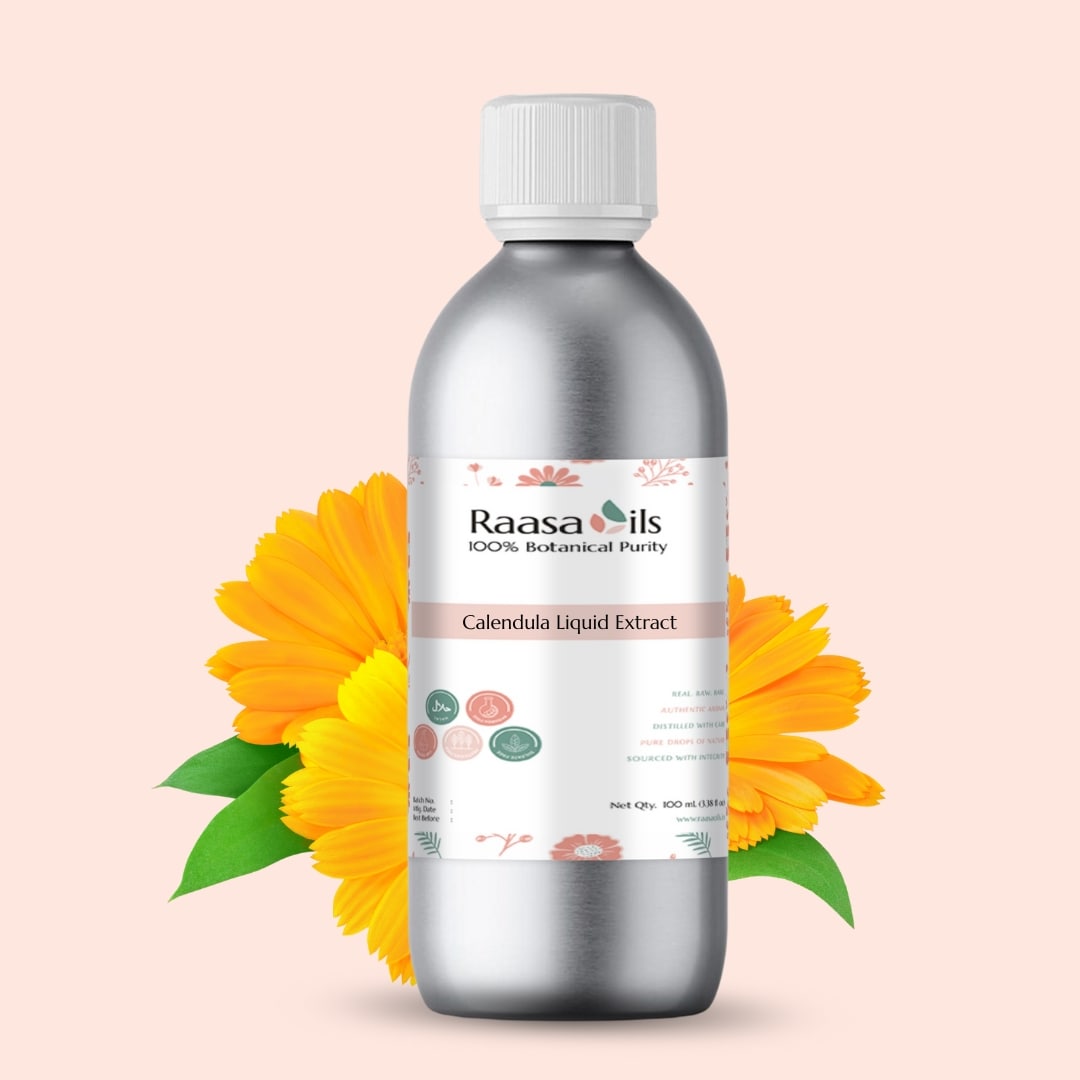 Bottle of Raasa Oils Calendula Liquid Extract with calendula flowers on a beige background