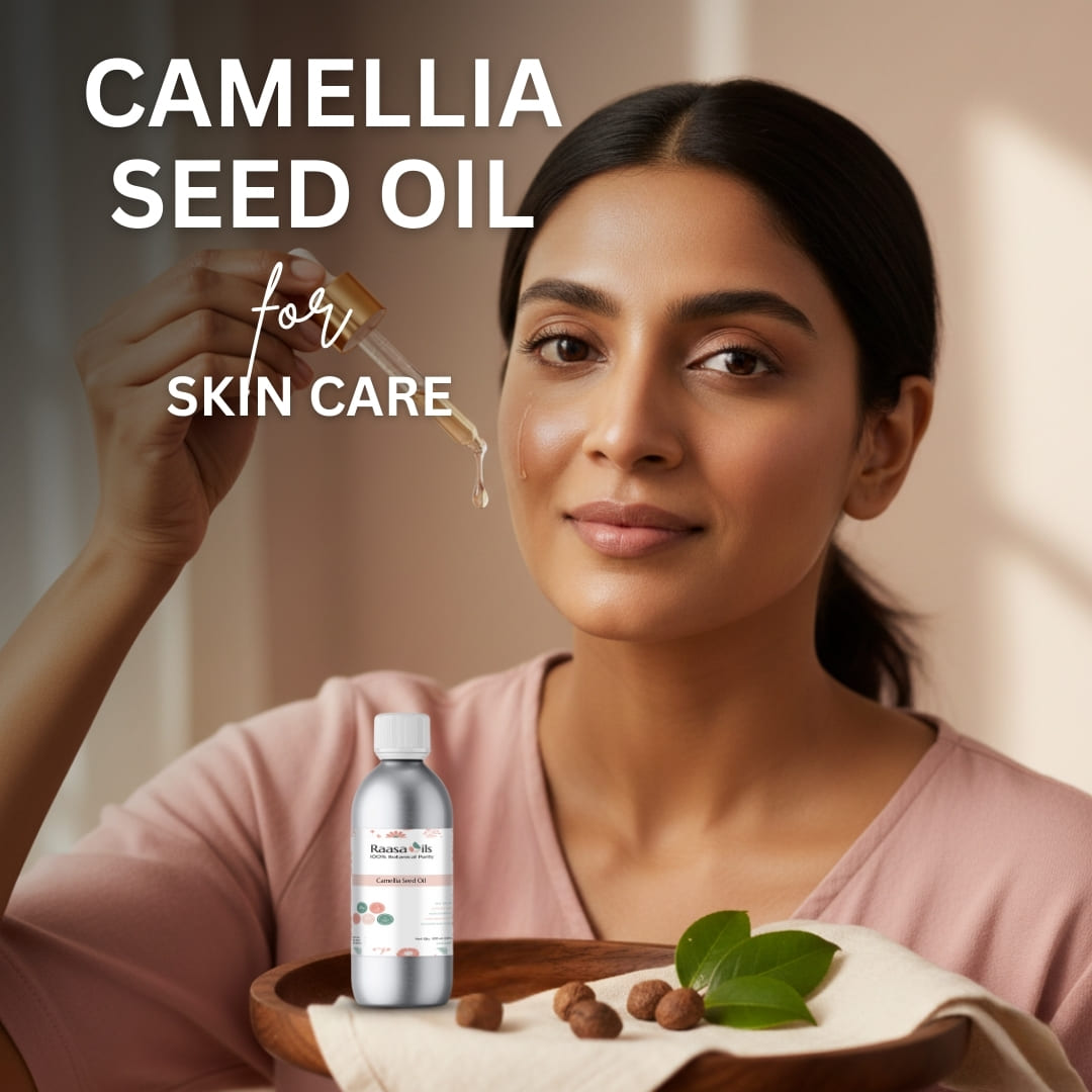 Woman with Camellia Seed Oil for skin care, dropper, and bottle on a neutral background