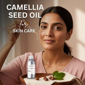 Woman with Camellia Seed Oil for skin care, dropper, and bottle on a neutral background