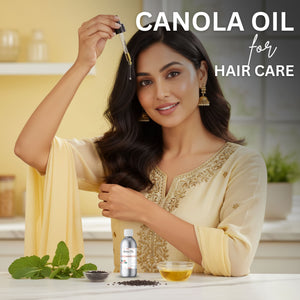 Woman with long hair holding a dropper of canola oil with text 'Canola Oil for Hair Care' in a kitchen setting.