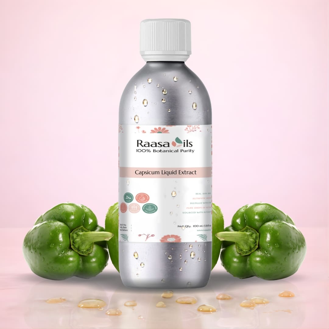 Bottle of Raasa Oils Capsicum Liquid Extract with green peppers on a pink background