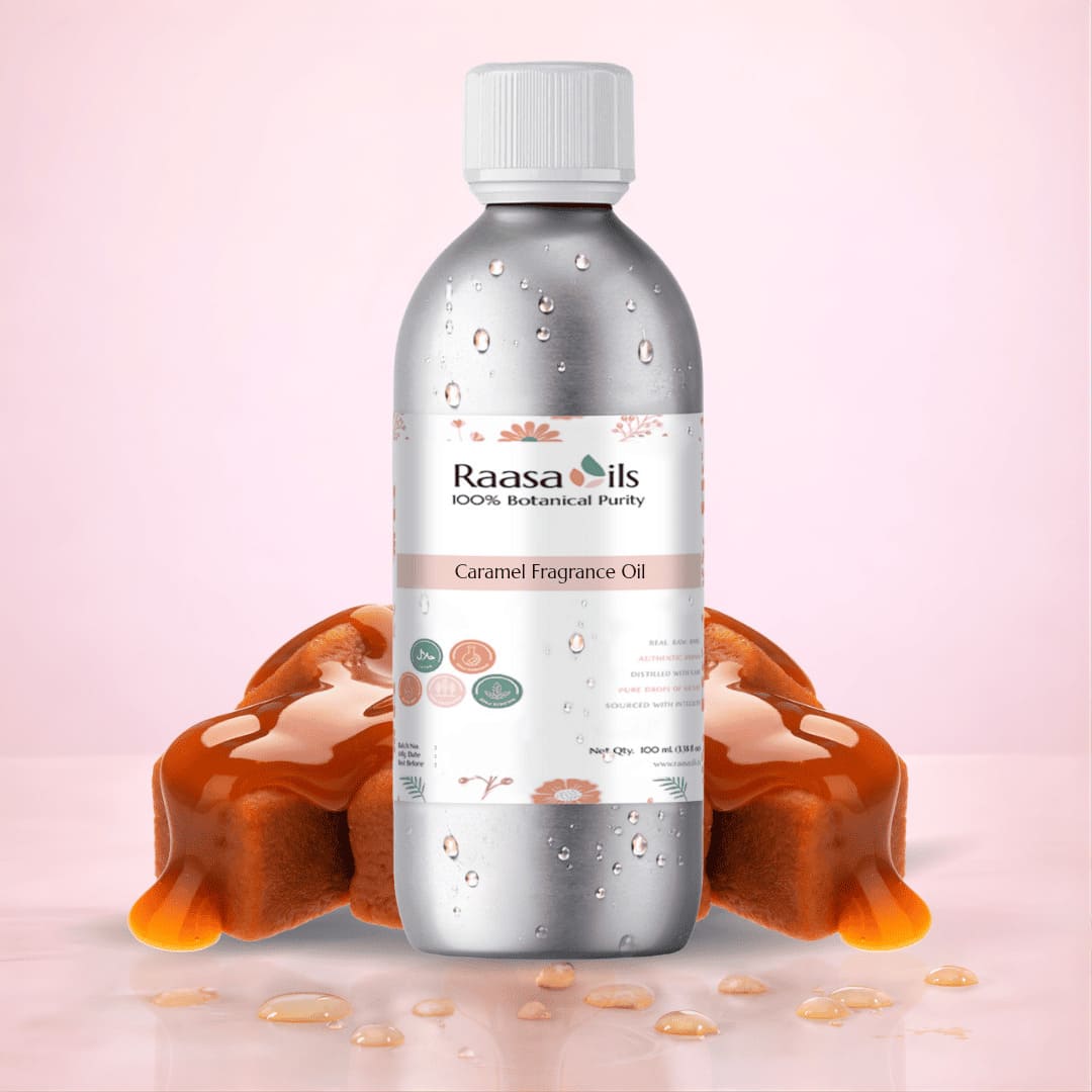 Bottle of Raasa Oils Caramel Fragrance Oil with caramel background