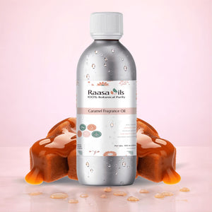 Bottle of Raasa Oils Caramel Fragrance Oil with caramel background