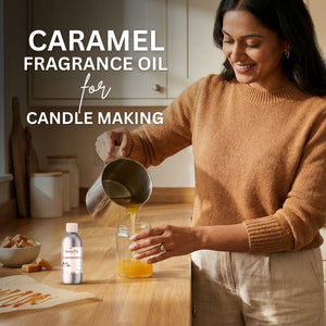 Woman pouring caramel fragrance oil into a jar with text about caramel fragrance oil for candle making.
