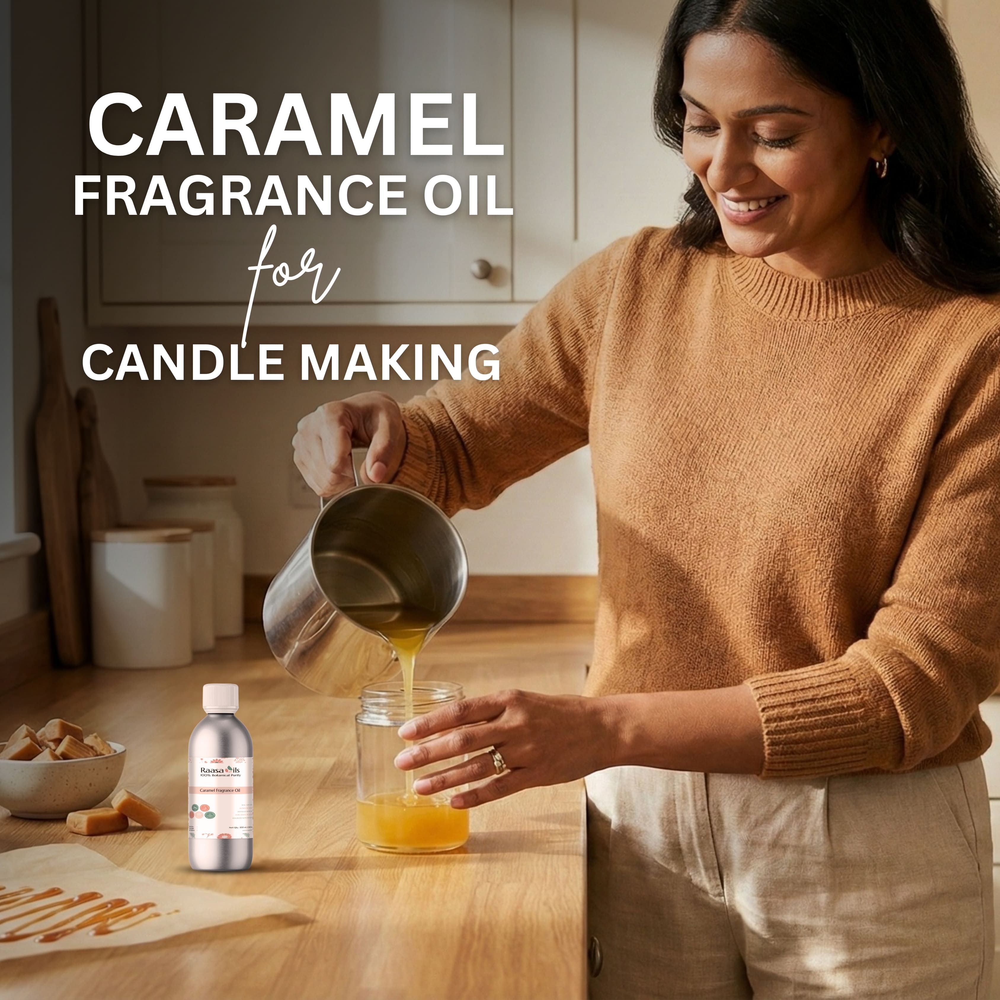 Woman pouring caramel fragrance oil into a jar with text about caramel fragrance oil for candle making.