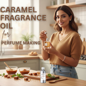 Woman holding a bottle of caramel fragrance oil in a kitchen setting