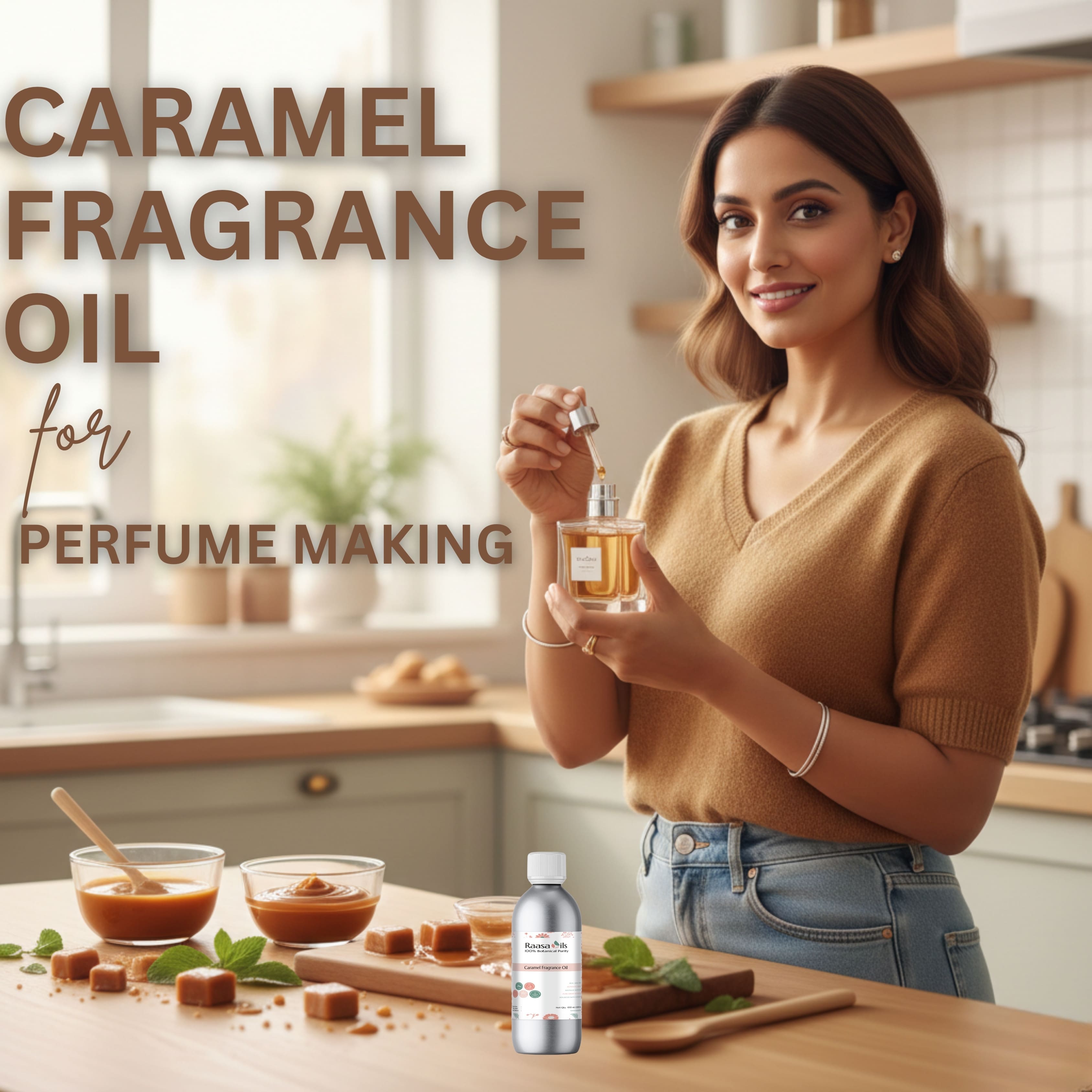 Woman holding a bottle of caramel fragrance oil in a kitchen setting