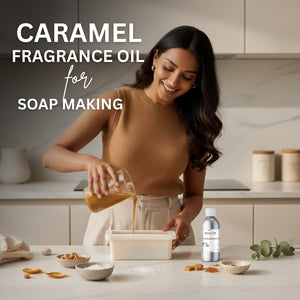 Woman pouring caramel-colored liquid into a container with text about caramel fragrance oil for soap making.