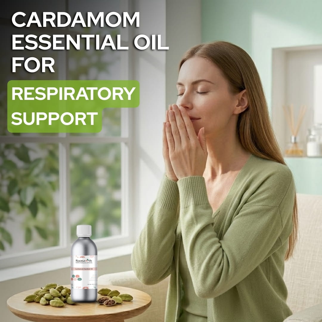 Woman with eyes closed, CARDAMOM ESSENTIAL OIL FOR RESPIRATORY SUPPORT text, and bottle on a table.