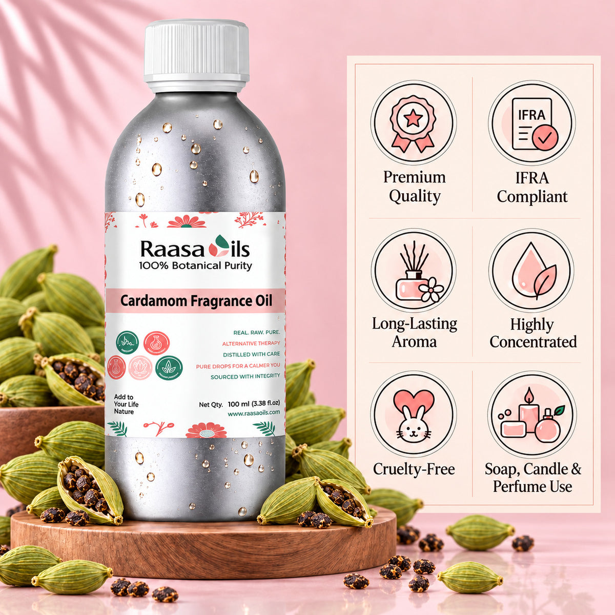 A bottle of Raasa Oils Cardamom Fragrance Oil displayed on a wooden stand with whole cardamom pods around it, next to an infographic panel detailing product benefits on a pink background.