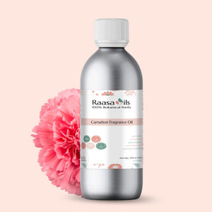 Bottle of Raasa Oils Carnation Fragrance Oil with a pink flower on a light pink background