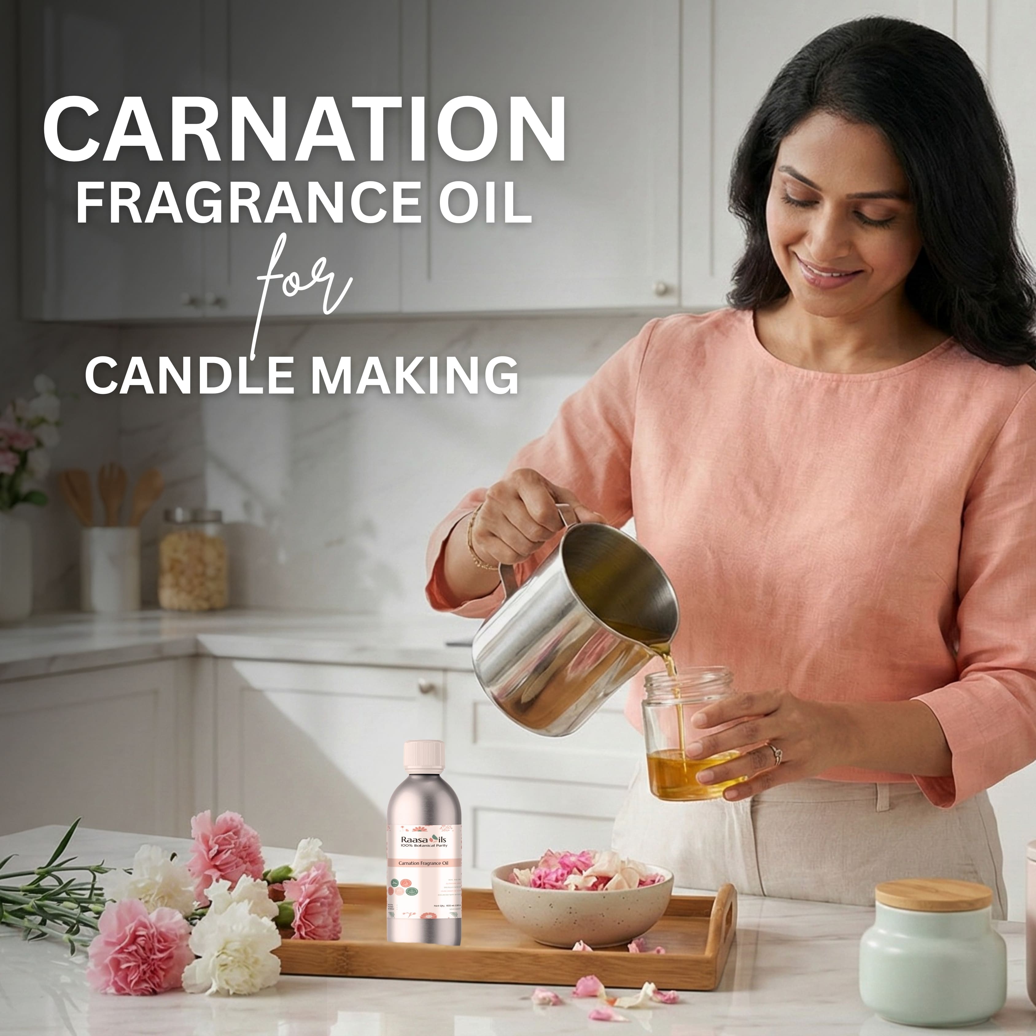 Woman pouring a liquid into a jar with Carnation Fragrance Oil for candle making, set in a kitchen.