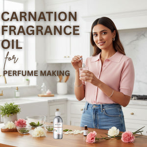 Woman holding a glass of carnation fragrance oil in a kitchen setting with text about carnation fragrance oil for perfume making.