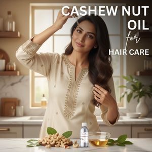 Woman with long hair holding a bottle of cashew nut oil in a kitchen setting.