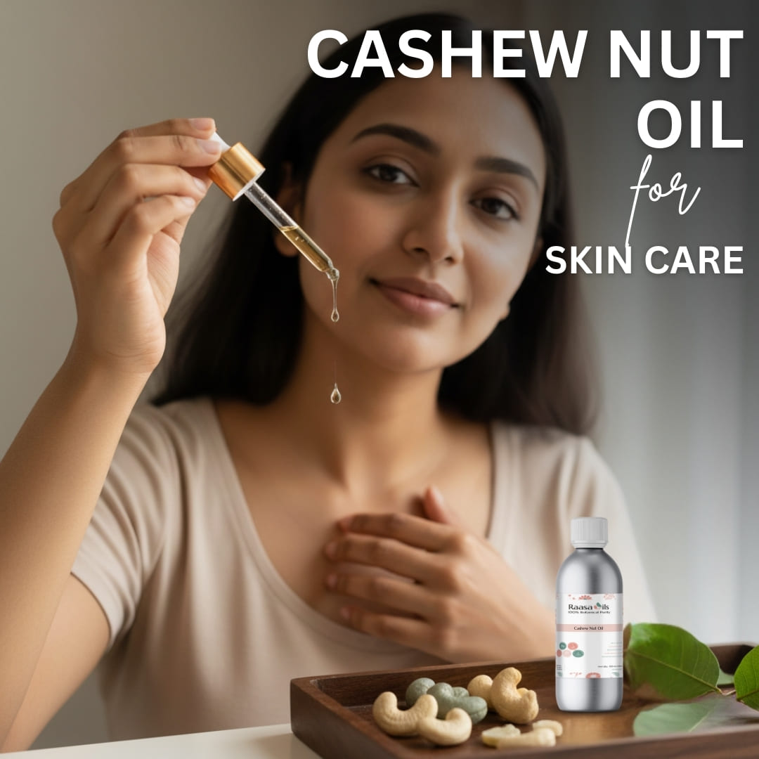 Woman holding a dropper with cashew nut oil and a bottle of cashew nut oil on a table.