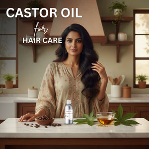 Woman with long hair in a kitchen setting with castor oil products on the table.