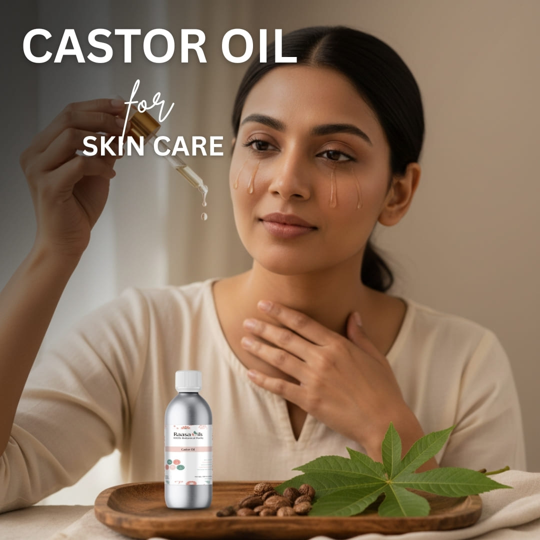 Woman applying castor oil to her face with a dropper, surrounded by castor seeds and leaves on a wooden tray.
