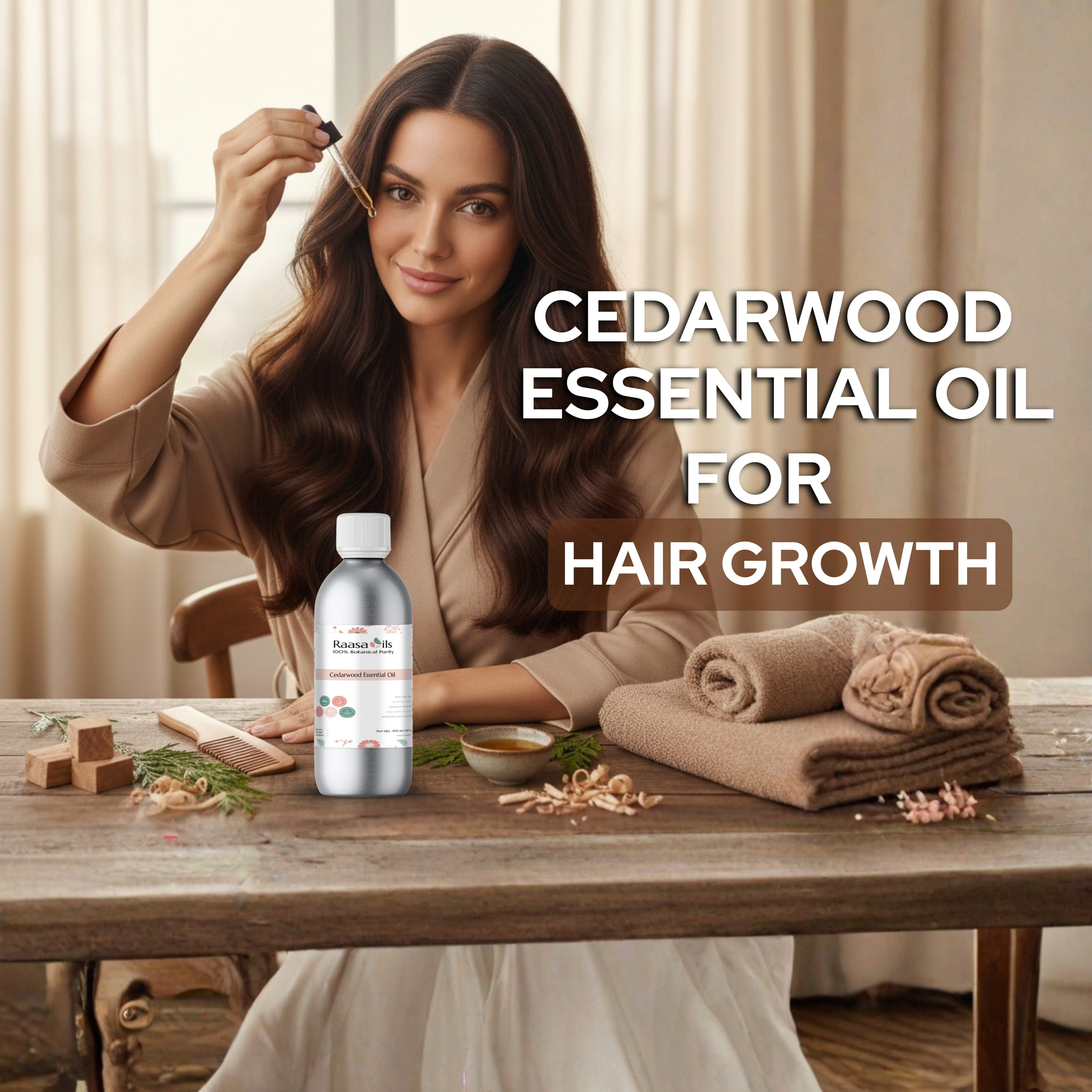 Woman with long hair sitting at a table with a bottle of cedarwood essential oil for hair growth.