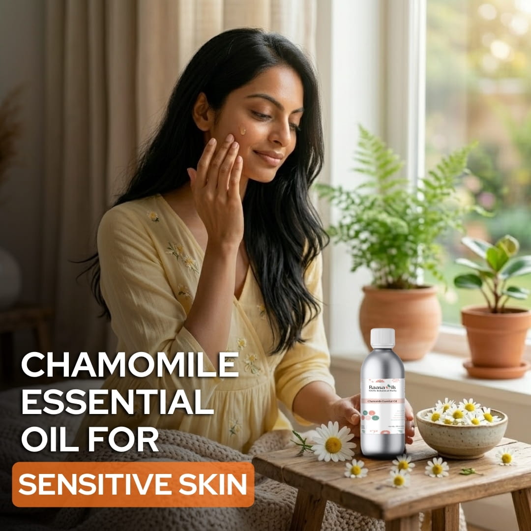 Woman applying chamomile essential oil to her skin with a bottle and flowers on a table.