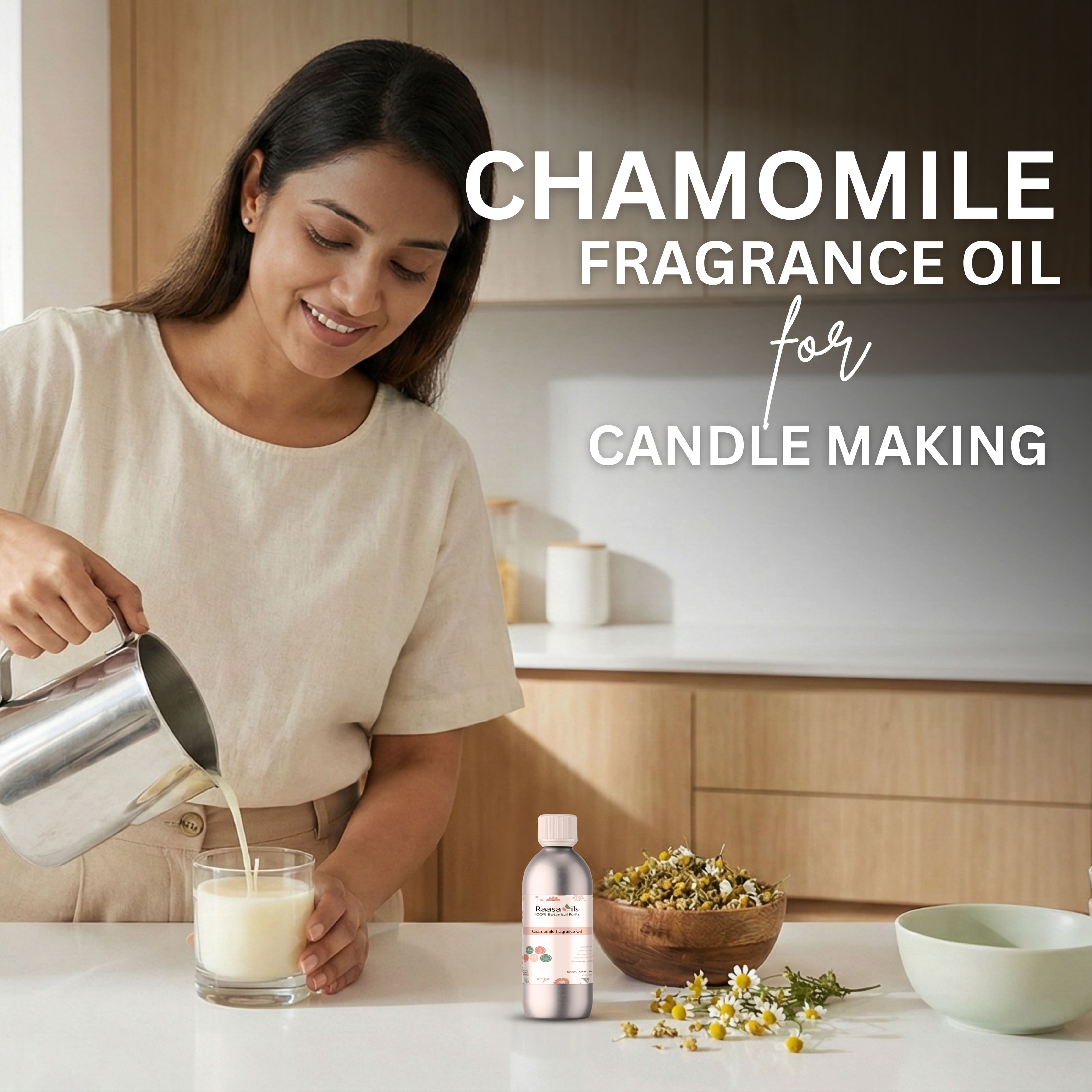 Woman pouring liquid into a glass with text about chamomile fragrance oil for candle making.
