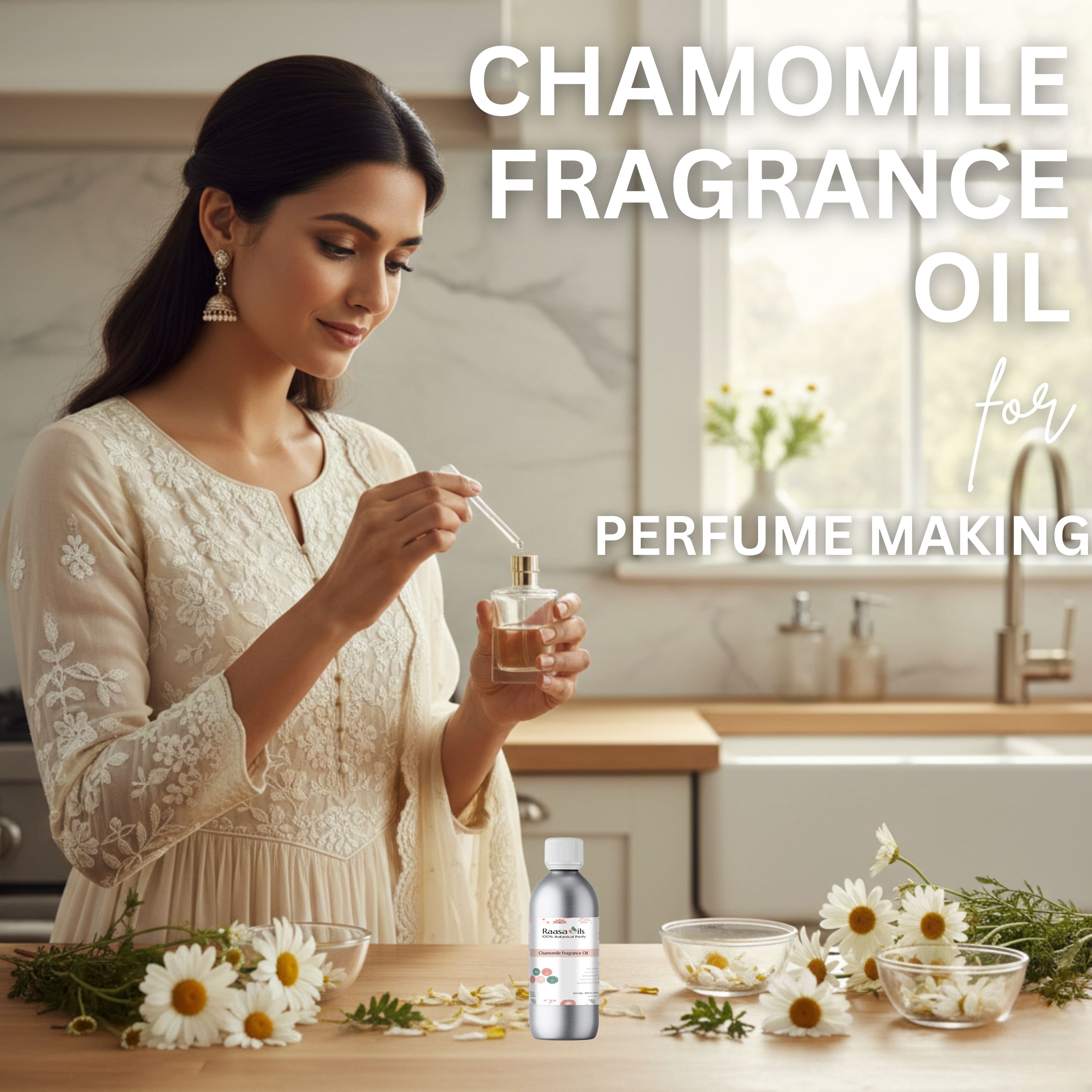 Woman holding a bottle of chamomile fragrance oil with a kitchen background