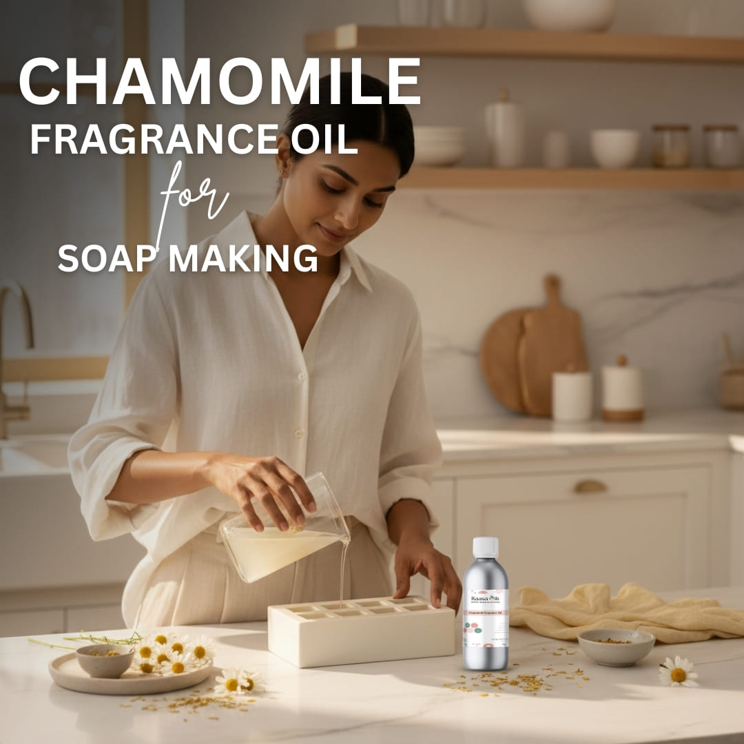 Woman making soap with chamomile fragrance oil in a kitchen setting