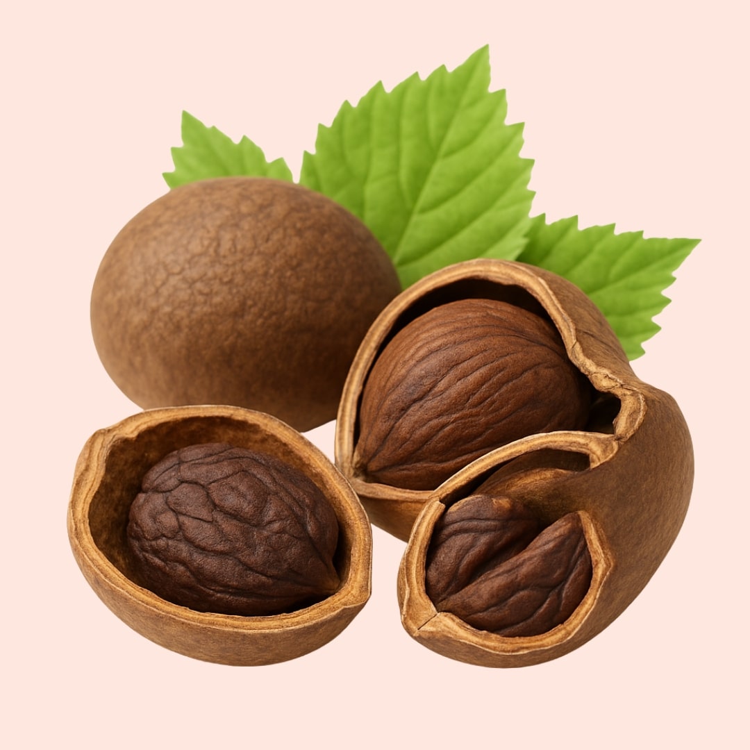 Walnuts with green leaves on a beige background