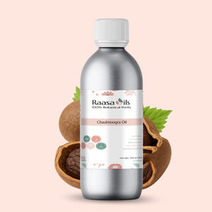 Bottle of Raasa Oils Chaulmoogra Oil with a pink background