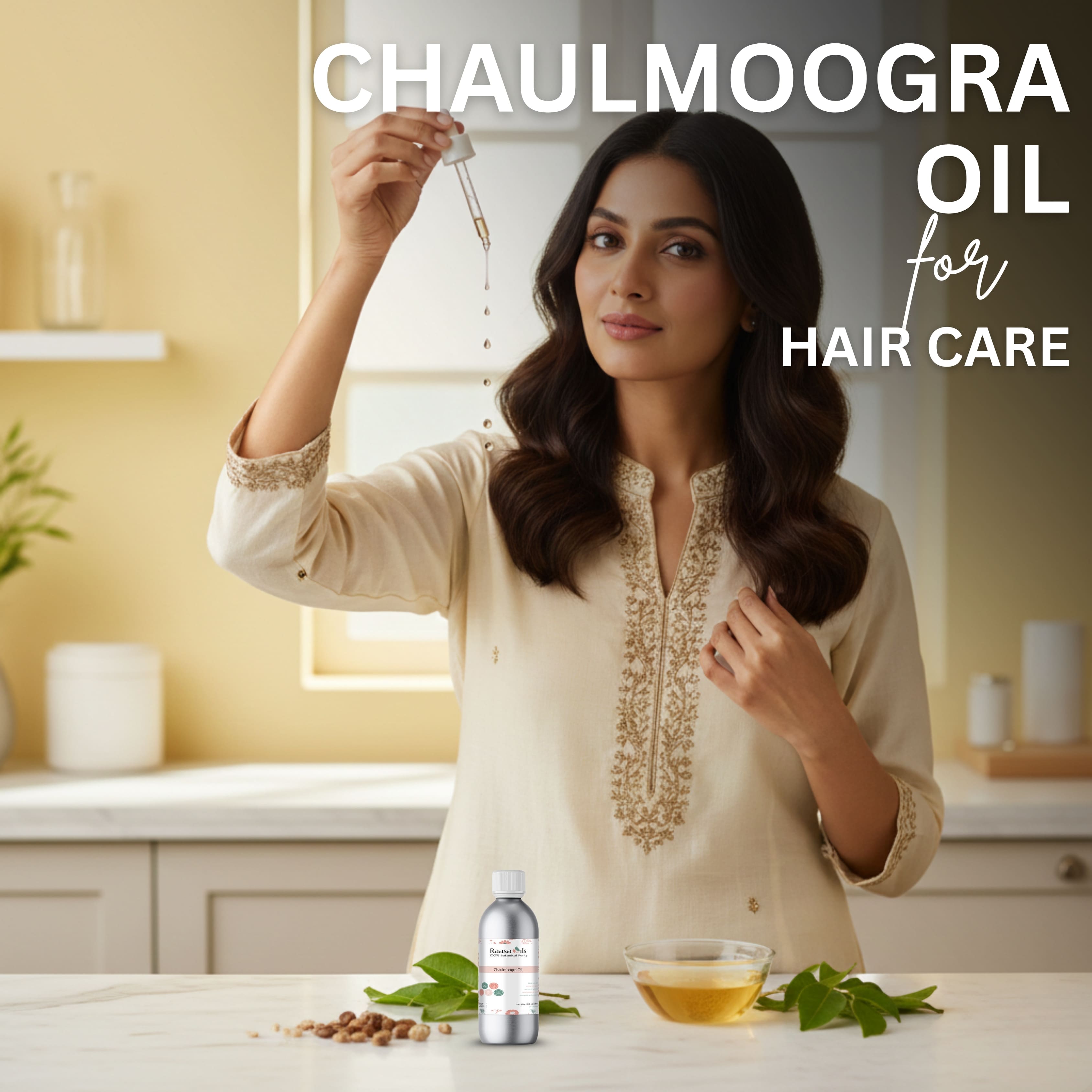 Woman with long hair holding a dropper over a bowl of oil, with text 'Chaulmoogra Oil for Hair Care' in a kitchen setting.