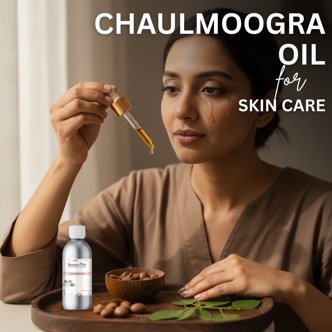 Woman with Chaulmoogra oil for skin care, dropper, bottle, and leaves on a tray.
