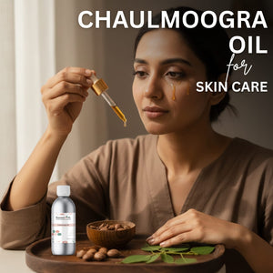 Woman with Chaulmoogra oil for skin care, dropper, bottle, and leaves on a tray.
