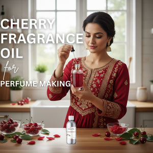 Woman in a kitchen holding cherry fragrance oil with text about cherry fragrance oil for perfume making.