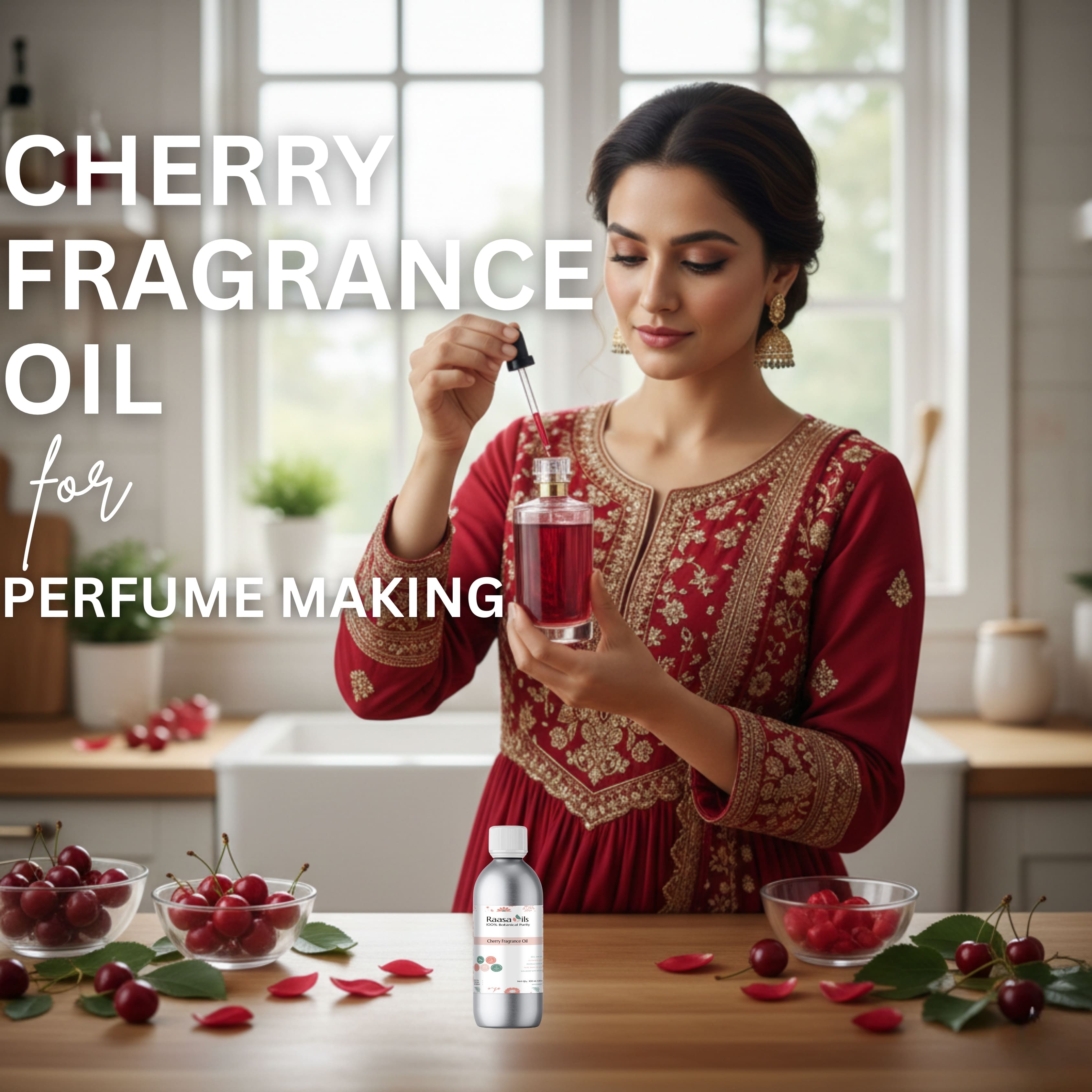 Woman in a kitchen holding cherry fragrance oil with text about cherry fragrance oil for perfume making.