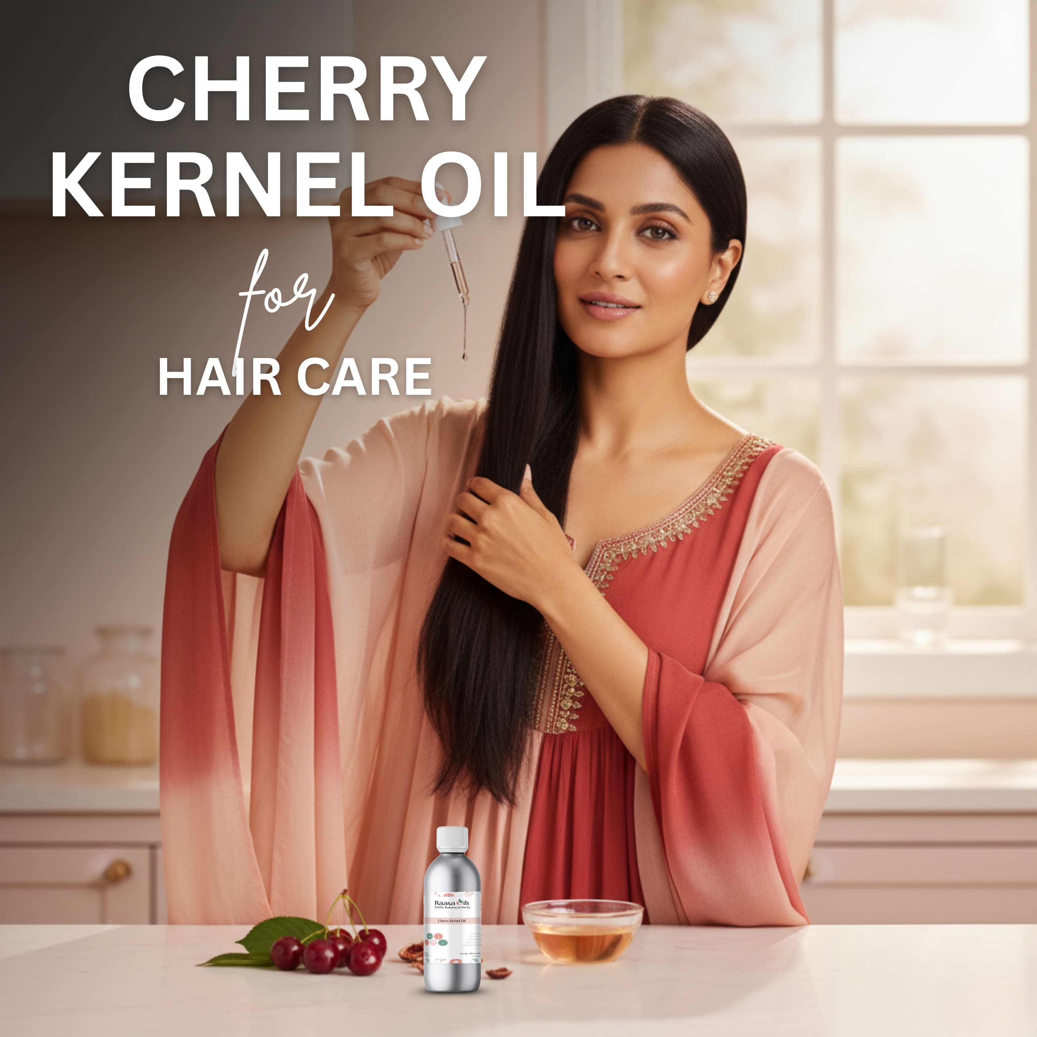 Woman with long hair holding cherry kernel oil bottle and dropper, with text 'Cherry Kernel Oil for Hair Care'.