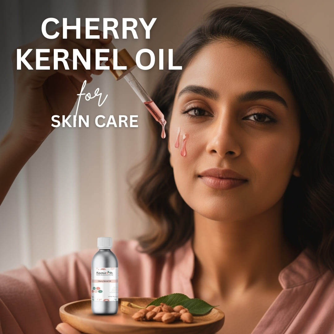 Woman with cherry kernel oil for skin care, including a dropper and bottle on a wooden tray.
