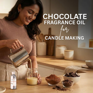 Woman pouring liquid into a jar with text about chocolate fragrance oil for candle making.