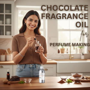 Woman holding a bottle of chocolate fragrance oil in a kitchen setting with text overlay.