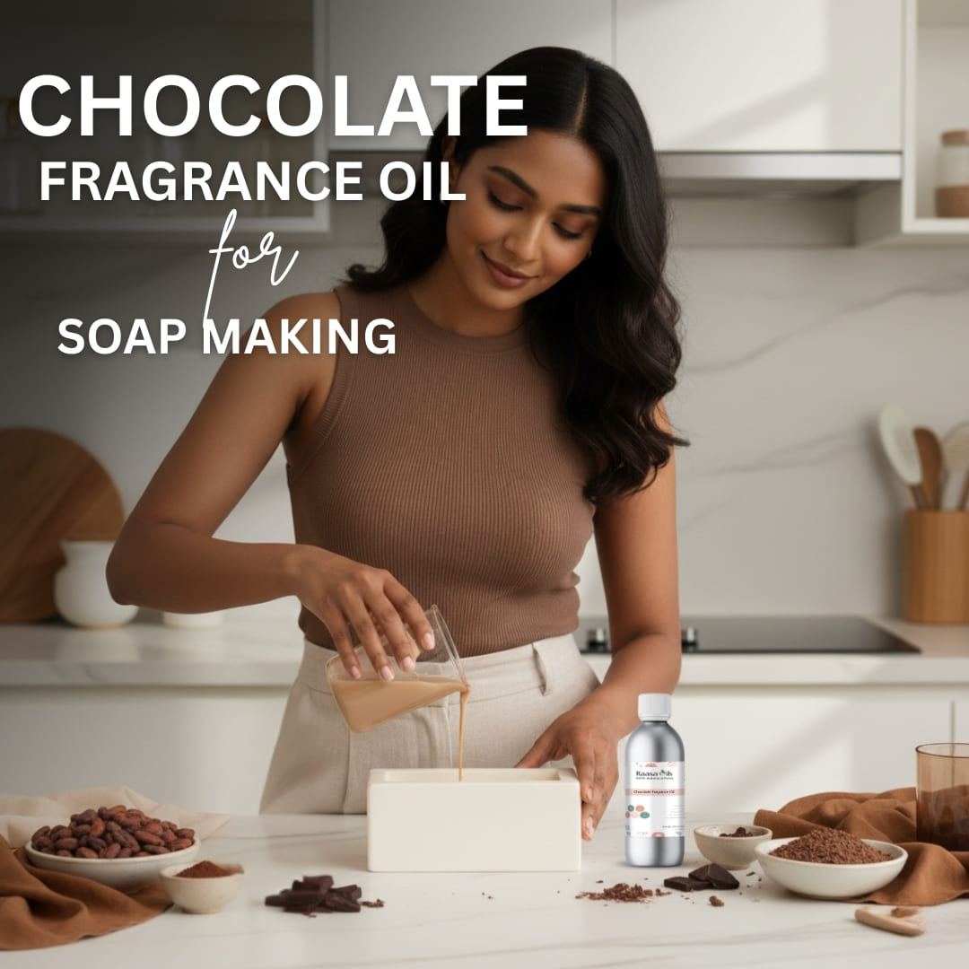 Woman making soap with chocolate fragrance oil in a kitchen setting