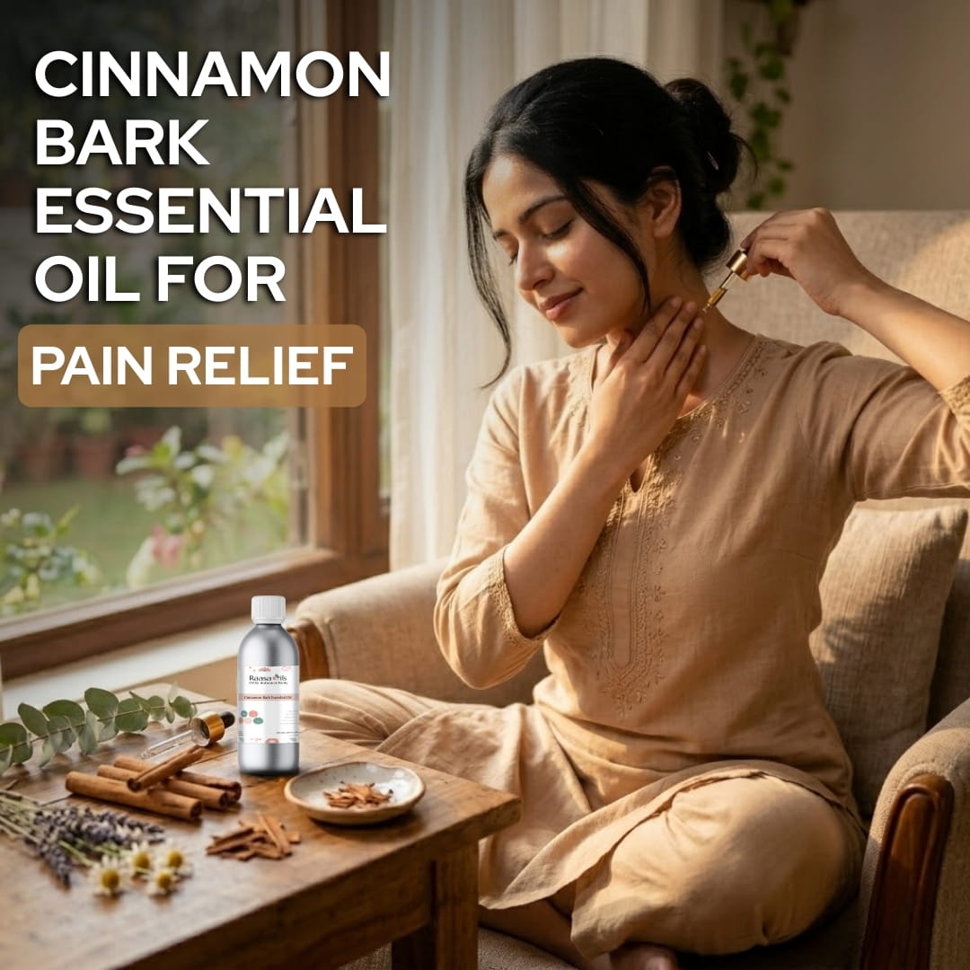 Woman applying cinnamon bark essential oil for pain relief in a cozy room.