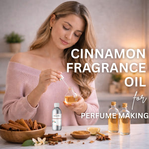 Woman with cinnamon fragrance oil and ingredients on a table, with text about cinnamon fragrance oil for perfume making.
